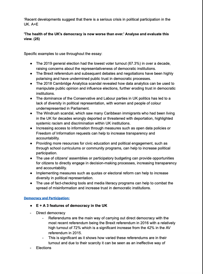 POLITICS A LEVEL UK REVISION RESOURCES